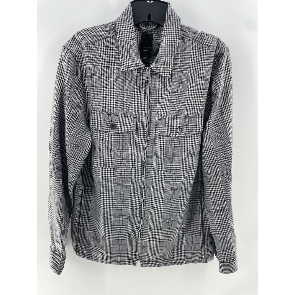 H&M Glen Check Plaid Zip Up Shirt Jacket Mens S Gray Regular Fit Light Shacket